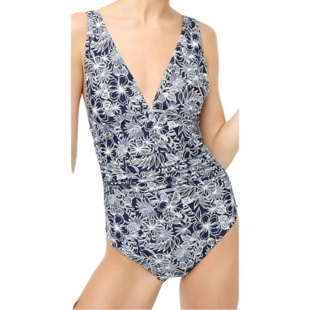J. Crew Factory V Neck Ruched One Piece Floral Print Swimsuit NWT